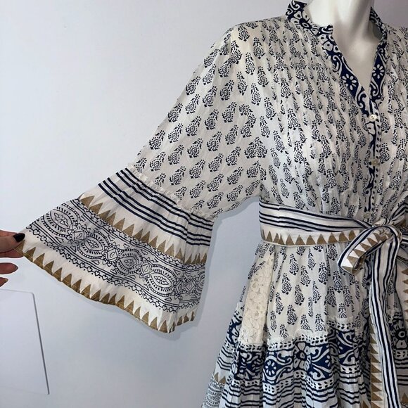 Pep's Cannes Printed Blue Flutter Mini Dress Tunic Belted Cotton Size Small - Picture 7 of 7